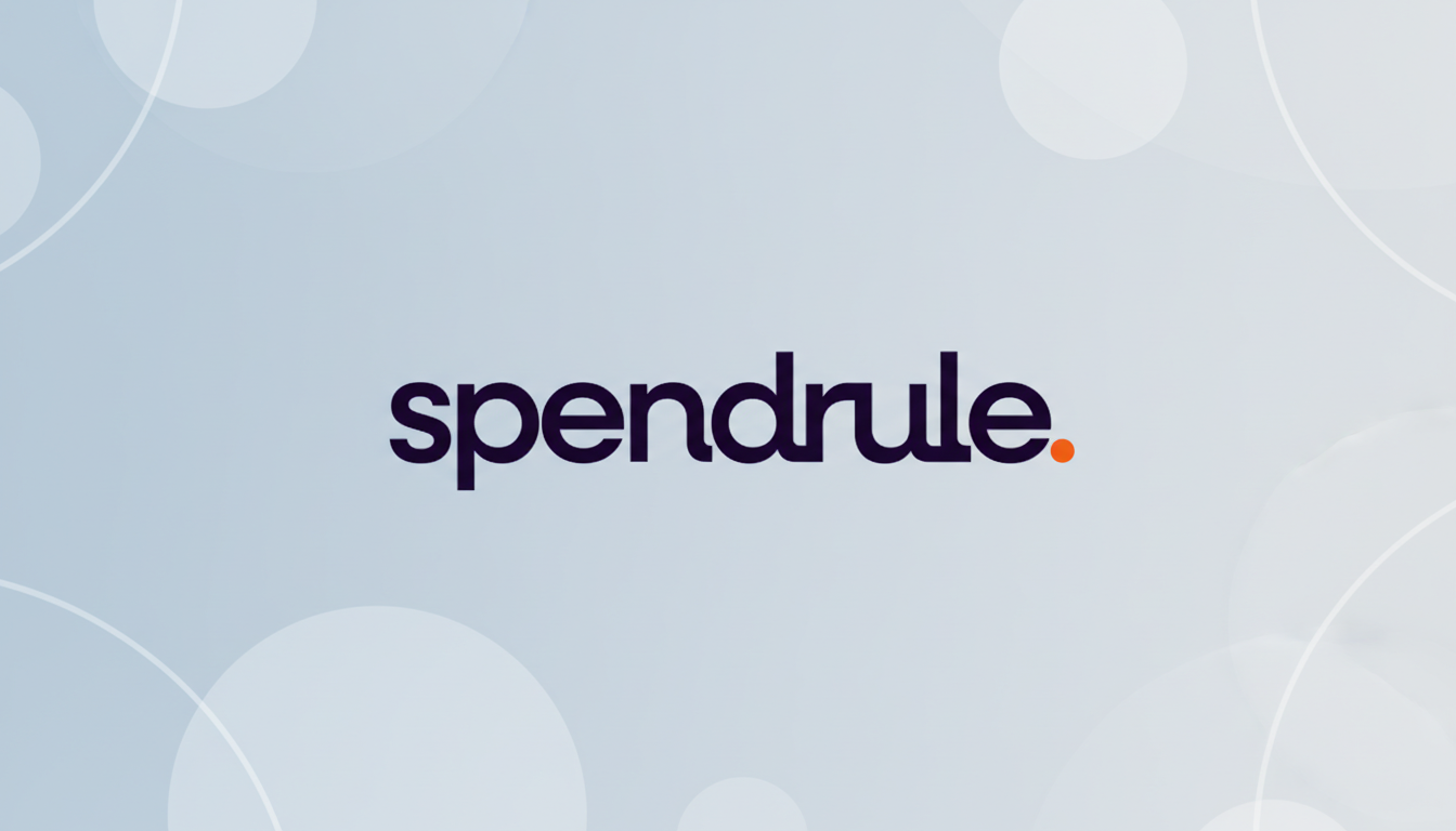 The Spendrule logo, featuring the word spendrule in dark purple lowercase letters with an orange dot replacing the i, set against a light blue background with subtle white circular patterns.