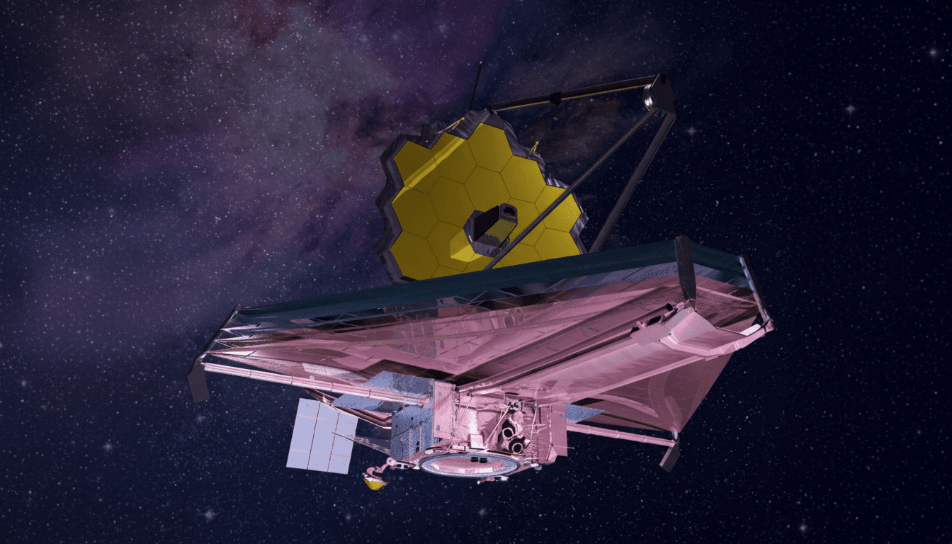 The James Webb Space Telescope in space, with its golden primary mirror and sunshield extended, set against a starry background with a purple nebula.