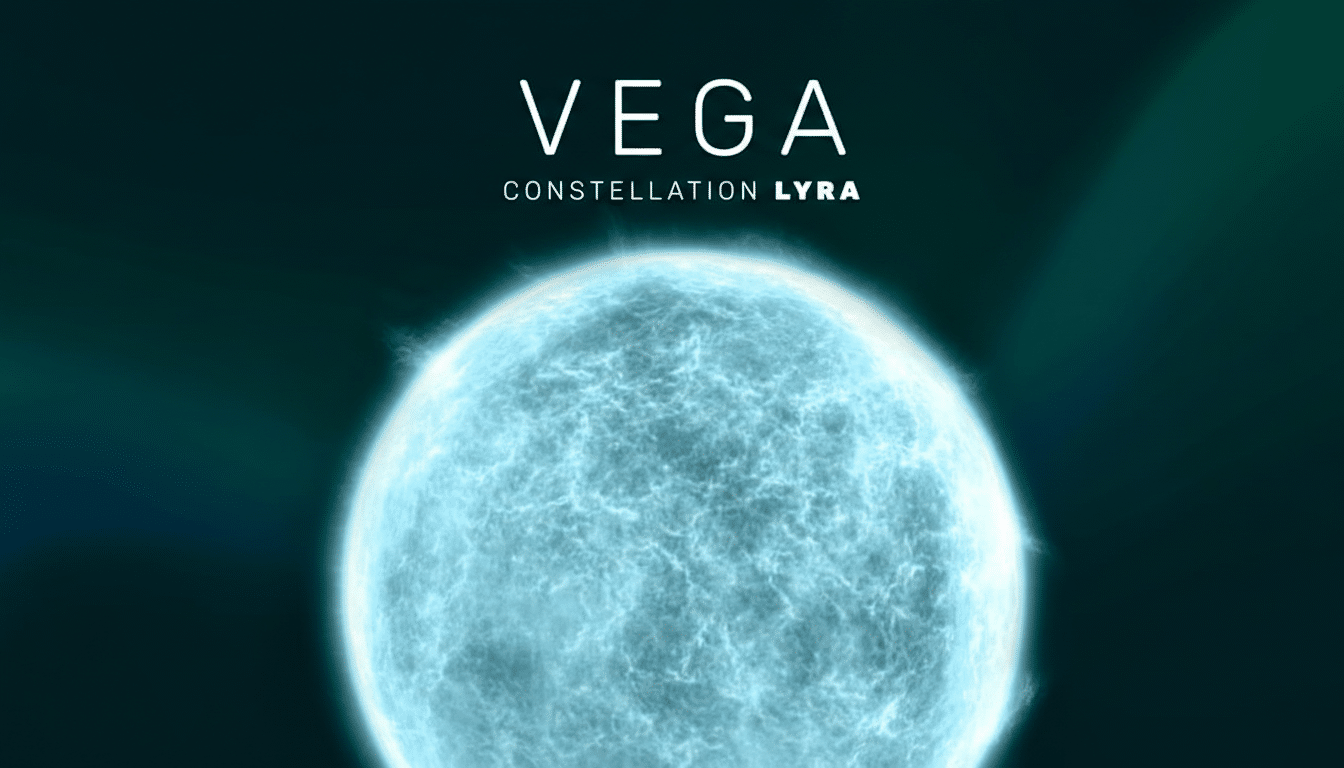 The word VEGA in white text above CONSTELLATION LYRA in smaller white text, centered above a glowing blue celestial body, all against a dark green background.