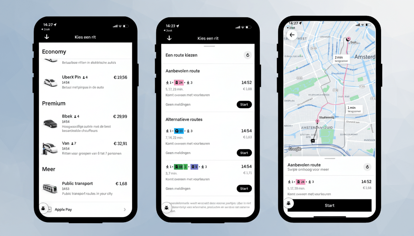 Three smartphone screens displaying a ride-sharing app interface, resized to a 16:9 aspect ratio with a professional flat design background.