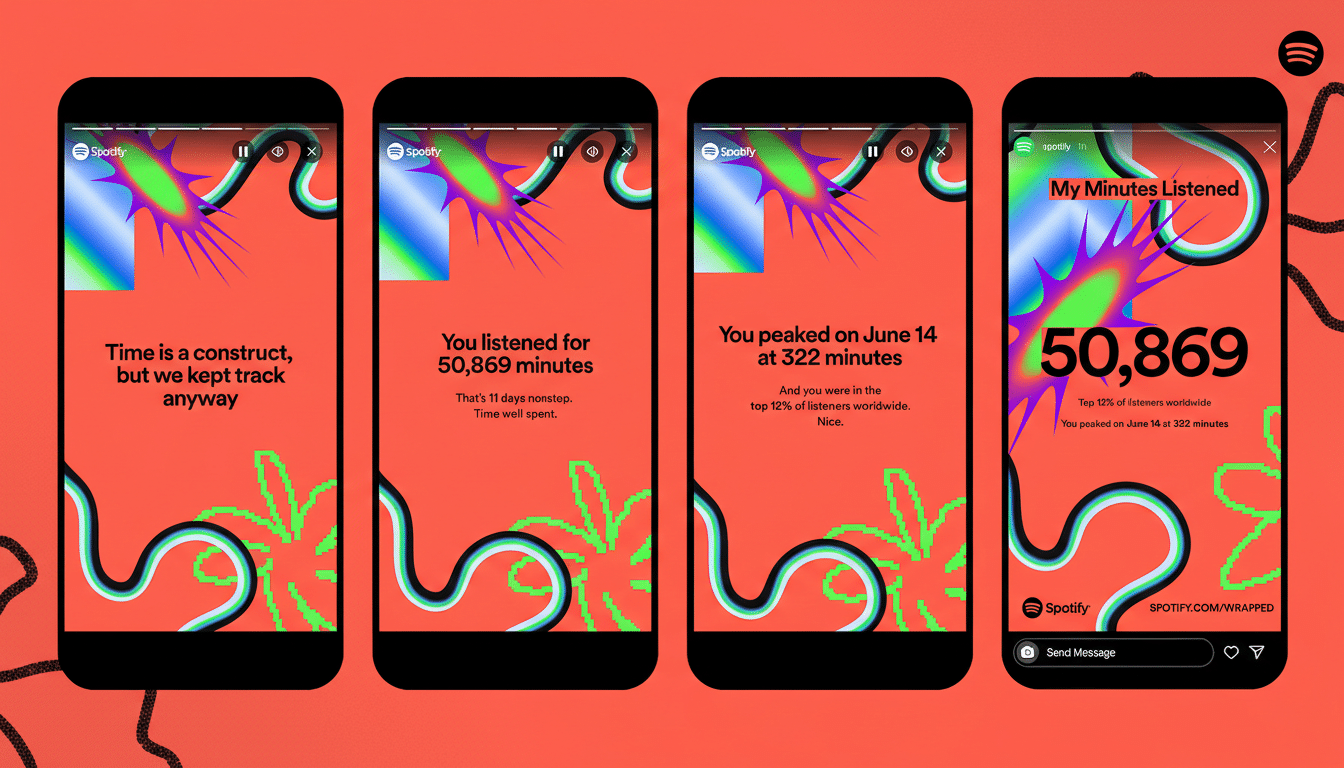 A 16:9 aspect ratio image showing four Spotify Wrapped screens on mobile phones, displaying listening statistics.