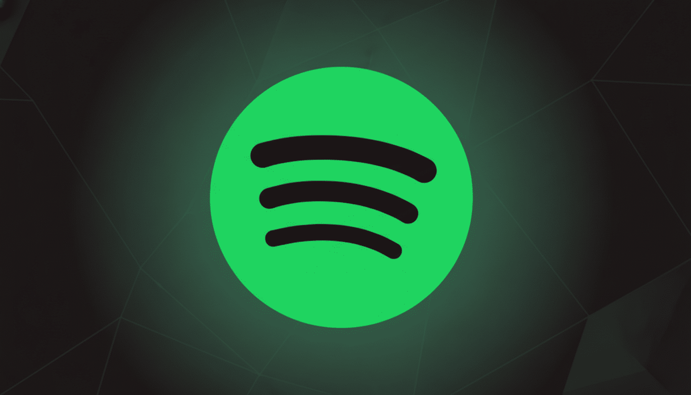 The Spotify logo, a bright green circle with three black curved lines representing sound waves, centered on a dark background with subtle geometric patterns and a soft green glow.