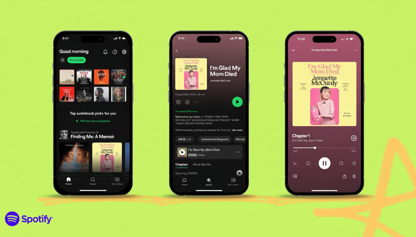 A 16:9 aspect ratio image showing three iPhones displaying the Spotify app. The left phone shows the home screen with audiobook recommendations. The middle phone displays details for the audiobook Im Glad My Mom Died by Jennette McCurdy. The right phone shows the audiobook playing, with the cover art prominently displayed. The background is a professional flat design with soft patterns and gradients, maintaining the original product presentation.