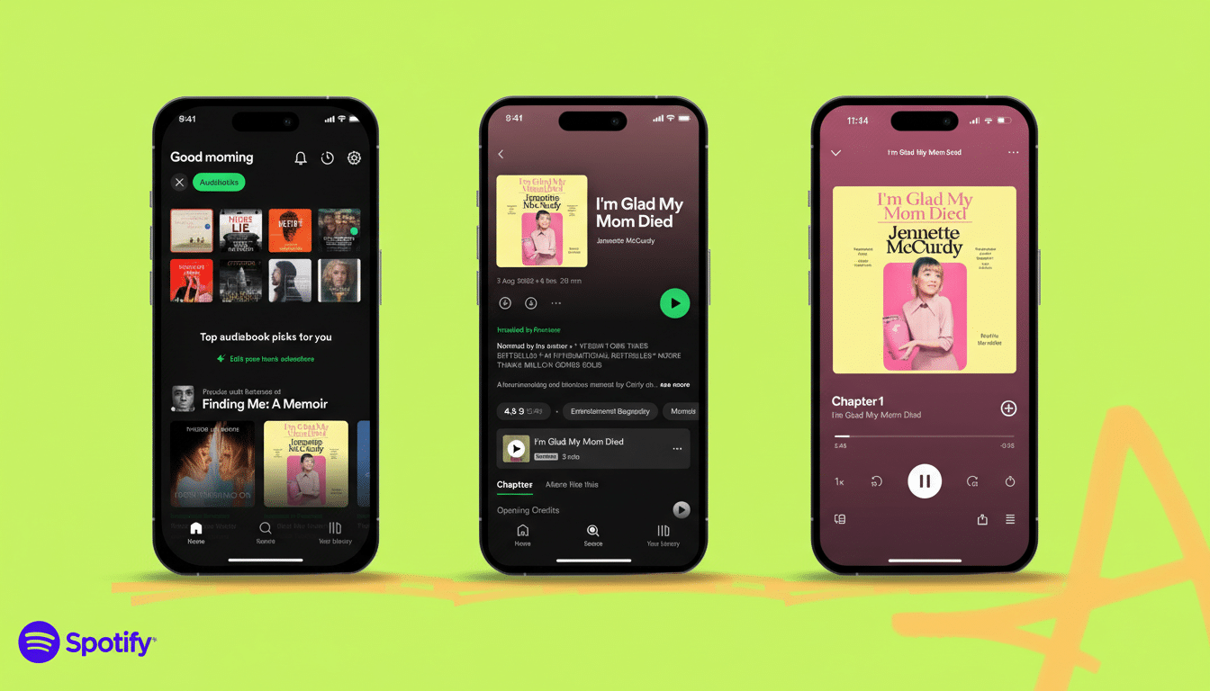 Three iPhones displaying the Spotify app, showcasing an audiobook titled Im Glad My Mom Died by Jennette McCurdy. The phones are arranged side-by-side on a green background with a subtle A graphic. The left phone shows the Spotify home screen with audiobook recommendations. The middle phone displays the audiobooks details page. The right phone shows the audiobook player interface.