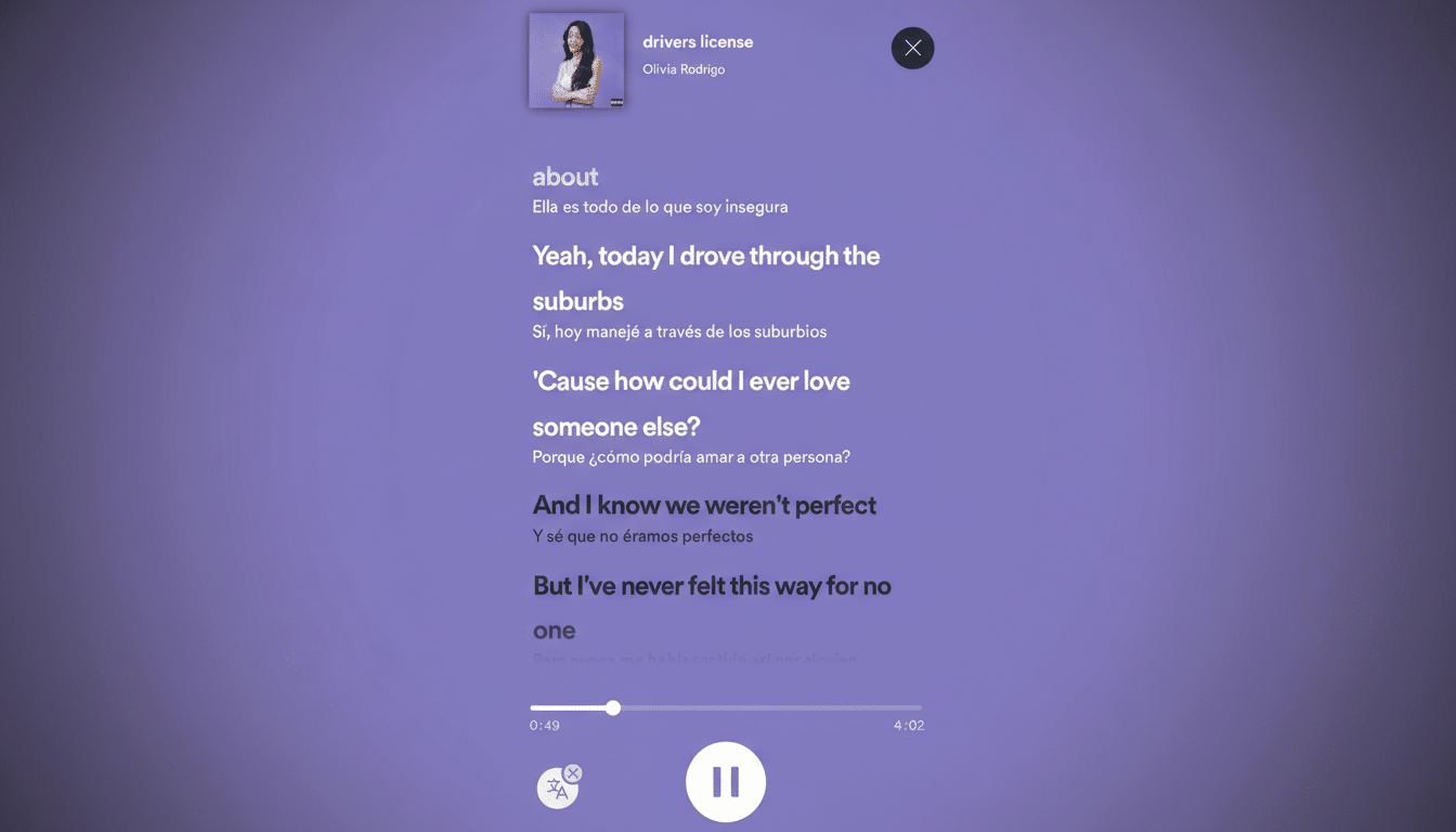 A screenshot of the Spotify app displaying the lyrics for Olivia Rodrigos song drivers license, resized to a 16:9 aspect ratio. The album art featuring Olivia Rodrigo is visible in the top left corner, and the background is a gradient of purple hues.