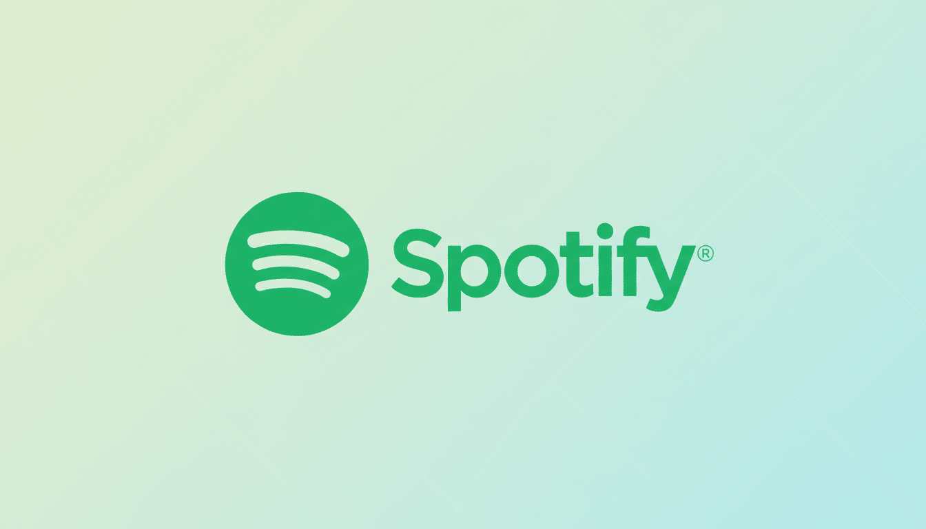 The Spotify logo, featuring a green circle with three curved lines inside, next to the word Spotify in green text, set against a professional flat design background with a soft gradient from light green to light blue and subtle diagonal line patterns.