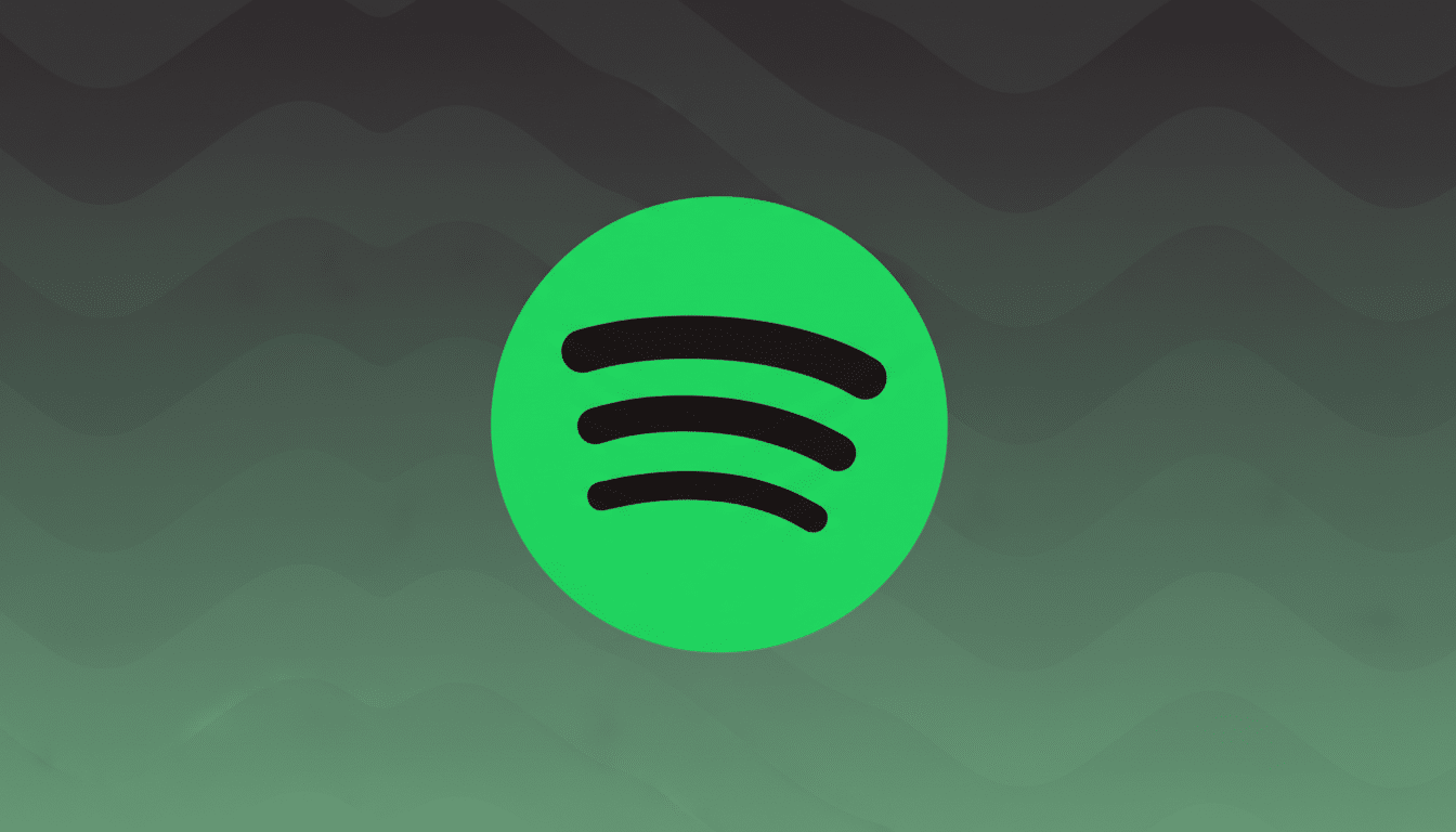 The Spotify logo, a bright green circle with three curved black lines representing sound waves, centered on a professional 16:9 background with a subtle dark green gradient and soft, wavy patterns.