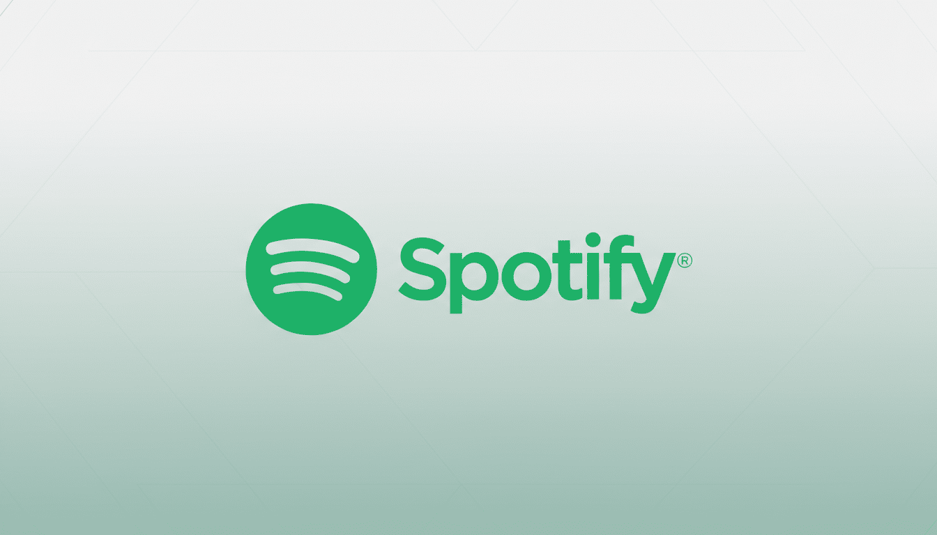 The Spotify logo, featuring a green circle with three curved lines inside, next to the word Spotify in green text, presented on a professional flat design background with soft patterns and gradients.