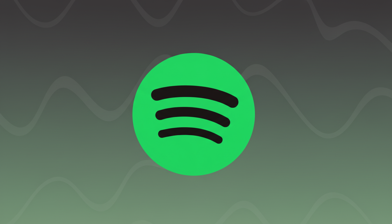 The Spotify logo, a bright green circle with three black curved lines representing sound waves, centered on a professional flat design background with a subtle dark green gradient and soft, wavy patterns.