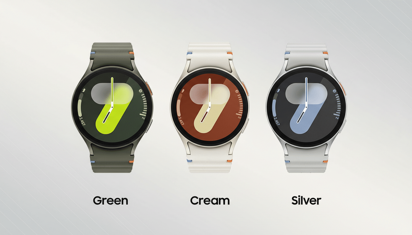 Three Samsung Galaxy Watch 5 Pro smartwatches in green, cream, and silver, displayed side-by-side on a professional flat background with a subtle gradient.