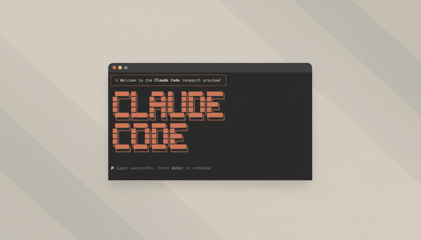 A screenshot of a terminal window displaying Welcome to the Claude Code research preview! and CLAUDE CODE in large, blocky orange letters, with Login successful. Press Enter to continue at the bottom. The terminal window is centered on a light gray background with subtle vertical stripe patterns.