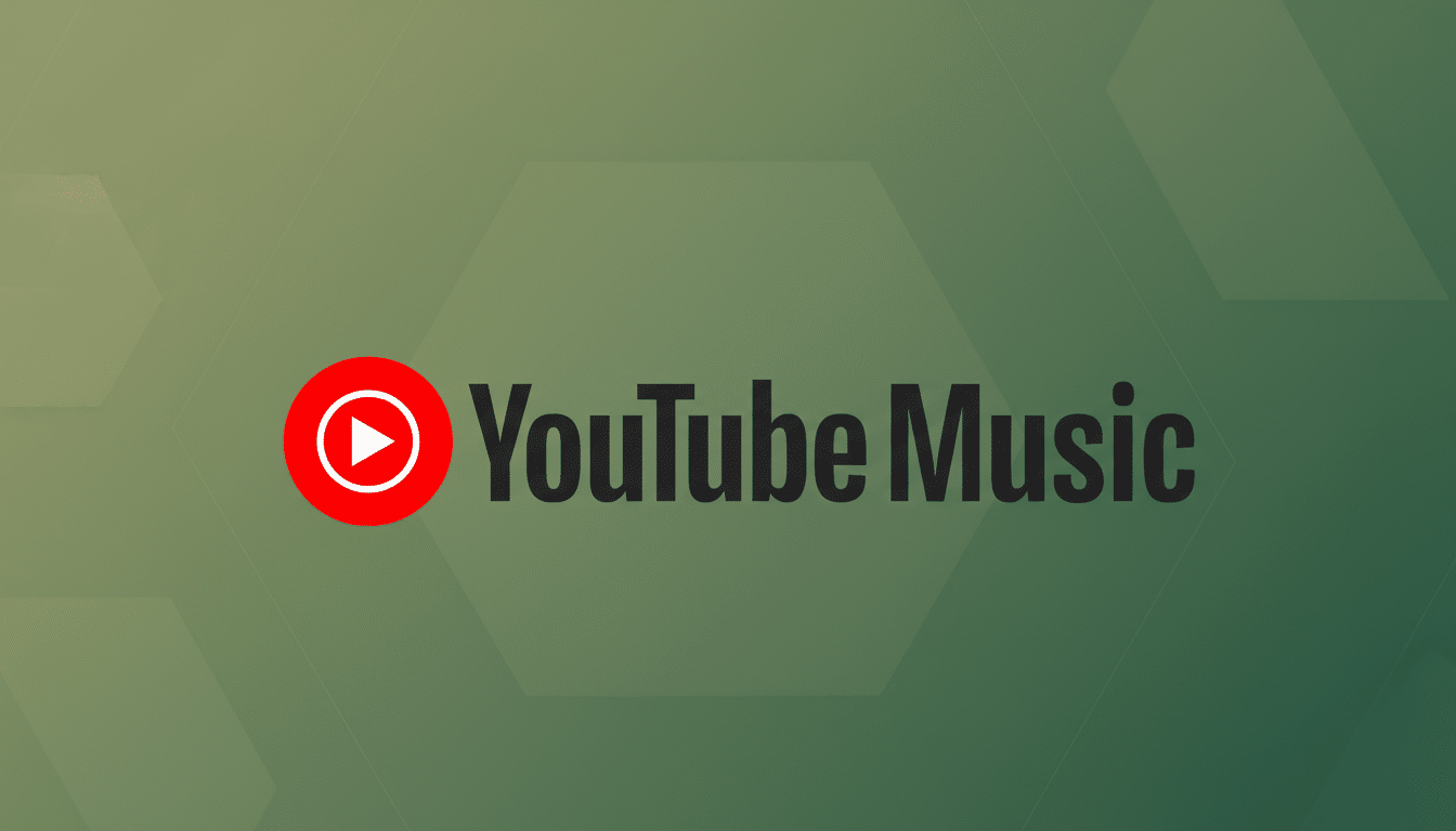 The YouTube Music logo, featuring a red play button icon within a white circle, followed by the words YouTube Music in dark gray text, set against a professional flat design background with soft green gradients and subtle hexagonal patterns.