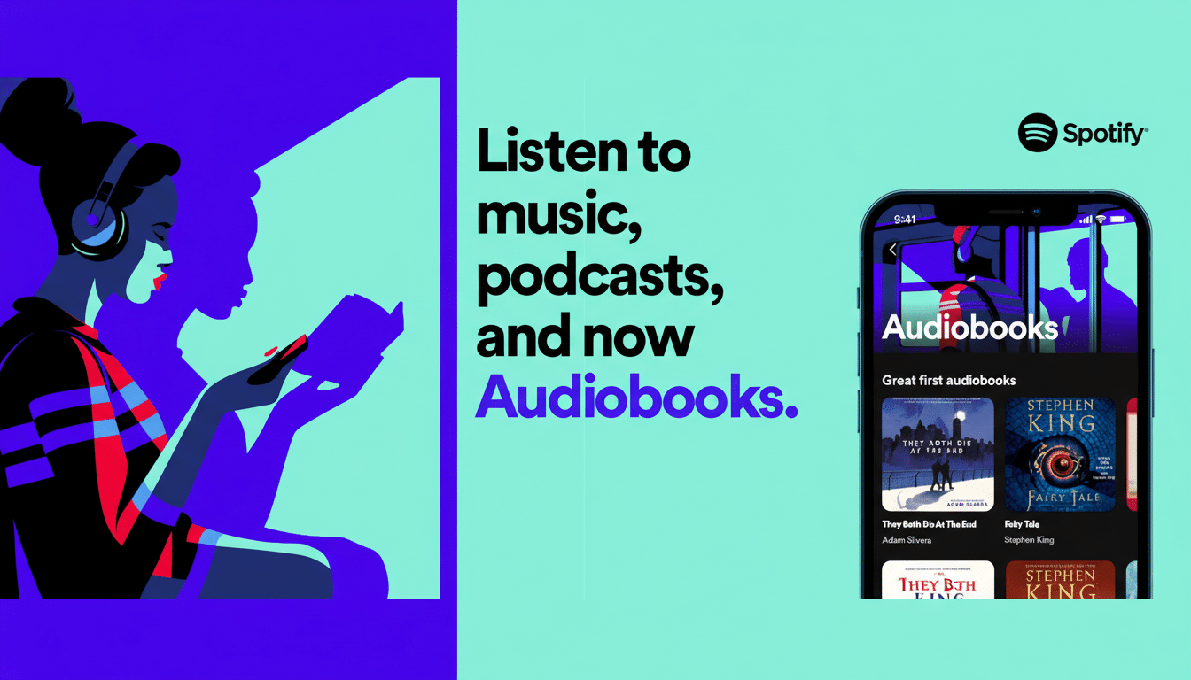 A Spotify advertisement with a 16:9 aspect ratio, featuring a stylized illustration of a person listening to headphones and reading a book on the left, and a smartphone displaying the Spotify Audiobooks interface on the right. The background is a vibrant blue and purple gradient.