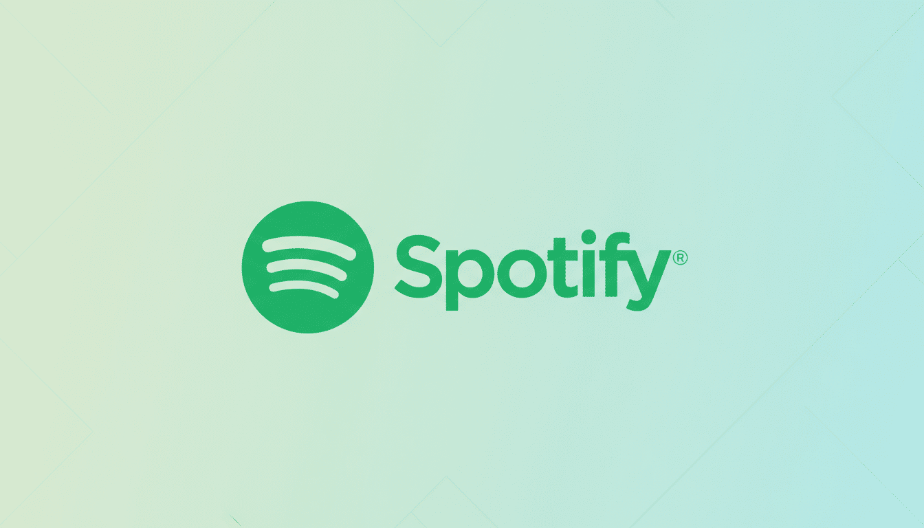 The Spotify logo, featuring a green circle with three curved lines inside, and the word Spotify in green text, set against a professional flat design background with soft green and blue gradients and subtle geometric patterns.