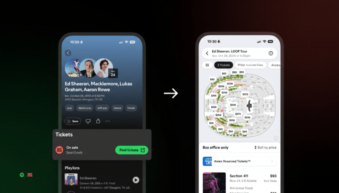 A 16:9 aspect ratio image showing two mobile phone screens side-by-side. The left screen displays a Spotify interface for an Ed Sheeran concert, with options to save, share, and find tickets. The right screen shows a ticket purchasing interface with a stadium seating chart and ticket prices. The background is a dark gradient with subtle green and red hues.