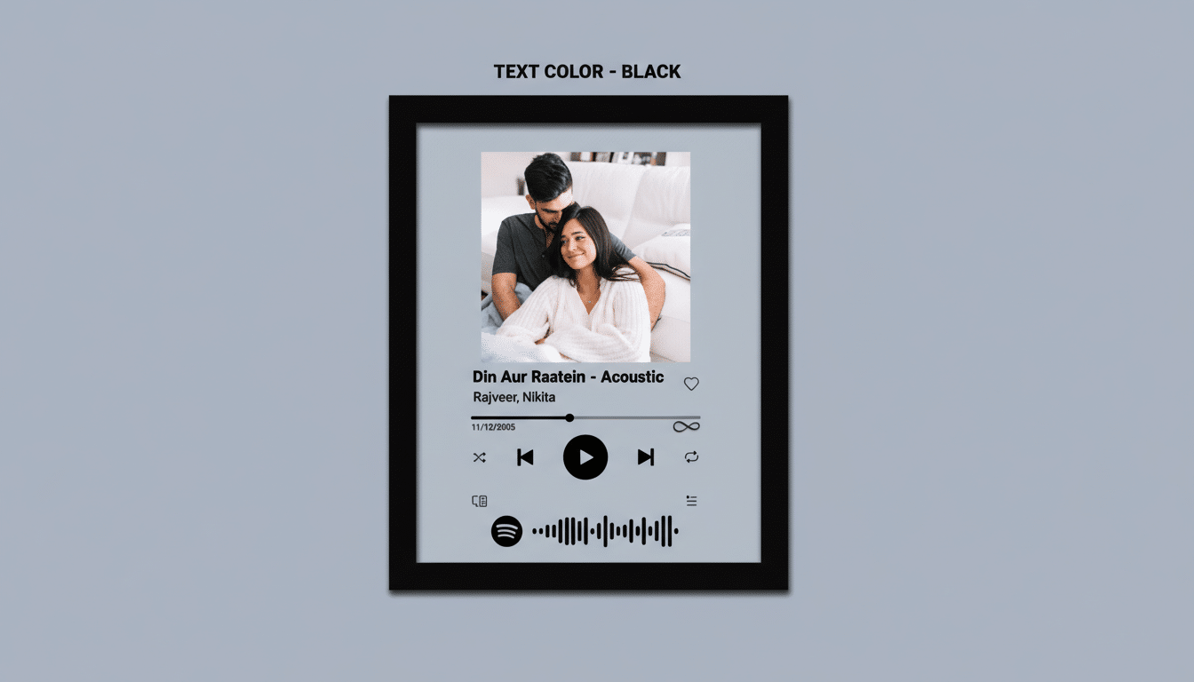A framed image of a Spotify music player interface, featuring a photo of a couple embracing. The song title is Din Aur Raatein - Acoustic by Rajveer, Nikita, with a date of 11/12/2005. The background is a solid gray.