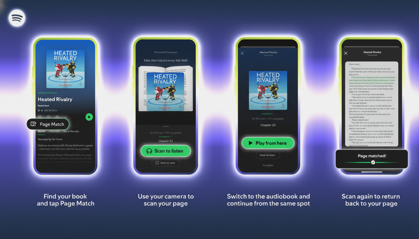 A 16:9 aspect ratio image showing four mobile phone screens demonstrating a Page Match feature for a book titled Heated Rivalry on a Spotify-like interface. The first screen shows the books details, the second shows scanning a page, the third shows playing the audiobook, and the fourth shows a page match confirmation.