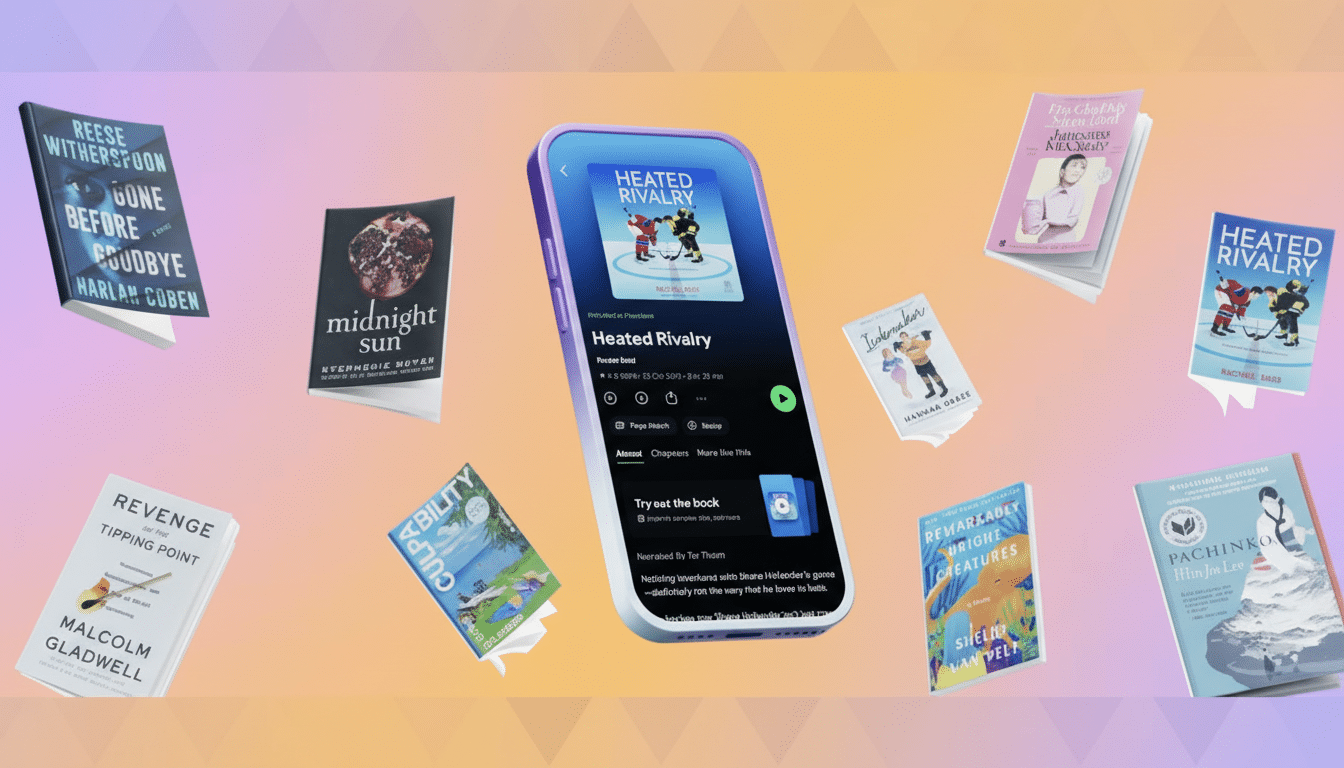 An image of a smartphone displaying an audiobook app, surrounded by various book covers, all set against a soft, gradient background.