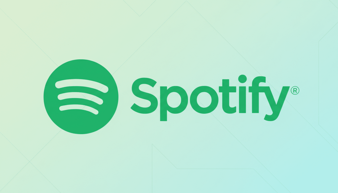 The Spotify logo, featuring a green circle with three curved lines inside, and the word Spotify in green text, set against a professional flat design background with soft green and blue gradients and subtle geometric patterns.
