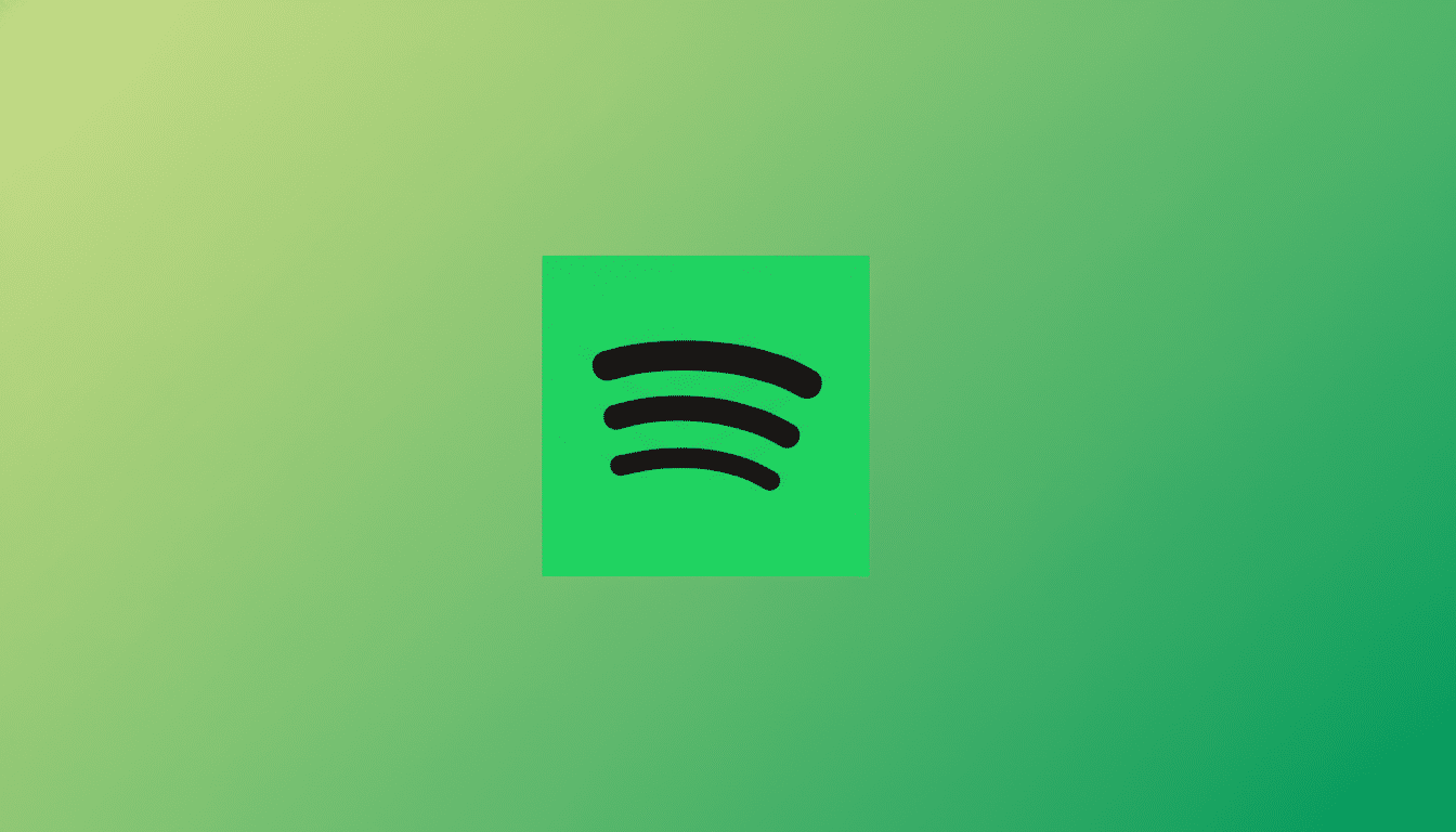 The Spotify logo, a black icon resembling sound waves on a bright green square, centered on a professional 16:9 gradient background transitioning from light green to dark green.