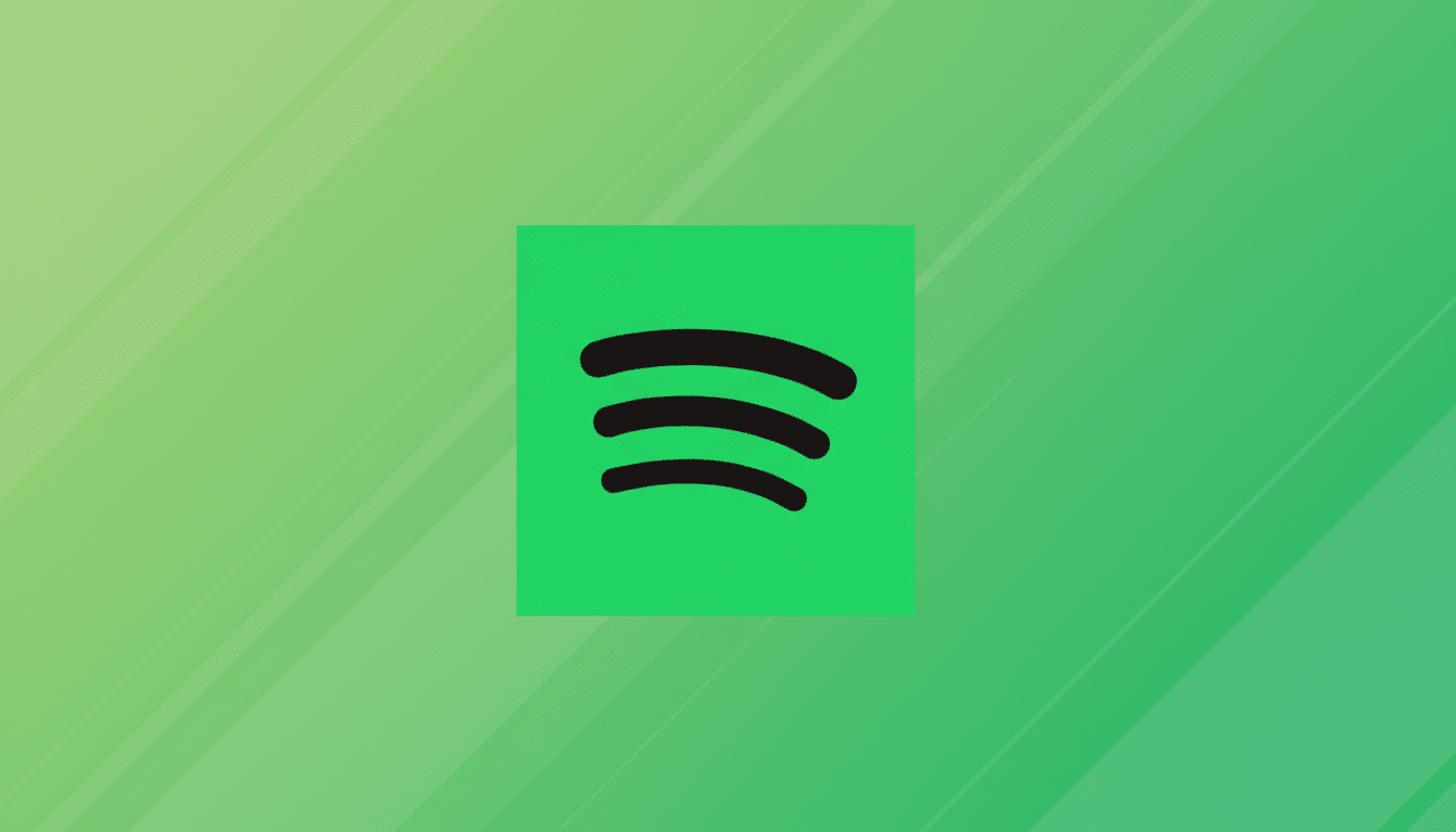 The Spotify logo, a black icon resembling sound waves on a bright green square, centered on a 16:9 background with a gradient of light to dark green and subtle diagonal stripe patterns.
