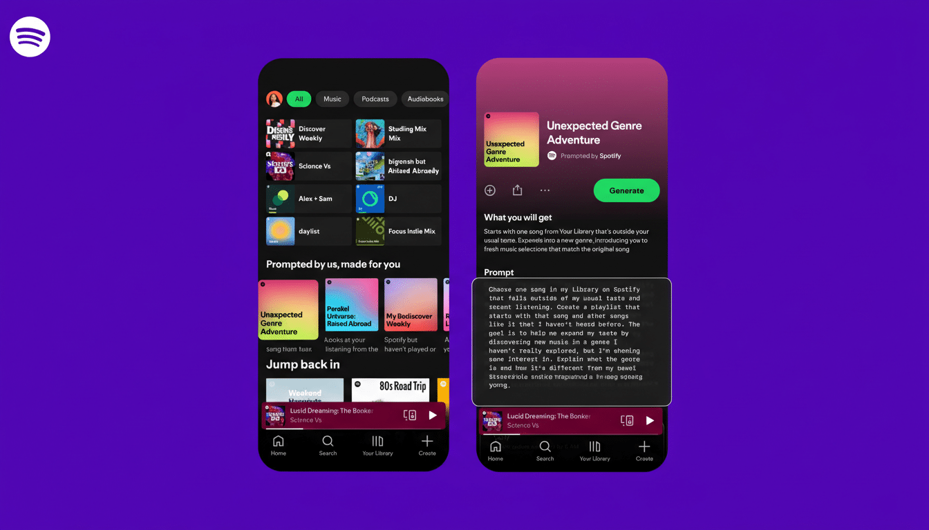A 16:9 aspect ratio image showing two mobile phone screens displaying the Spotify app. The left screen shows the home interface with various music recommendations, while the right screen displays a feature called Unexpected Genre Adventure with details and a Generate button.