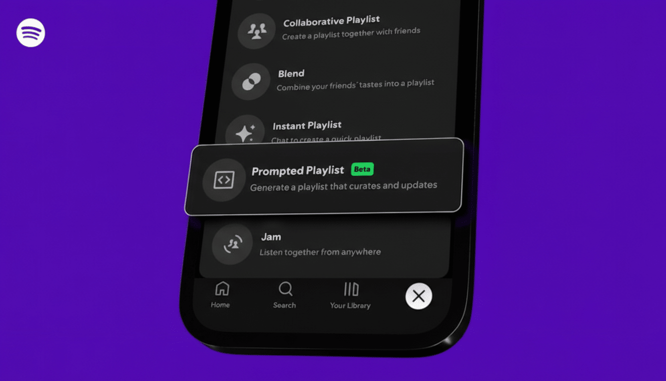 A Spotify app screen showing a Prompted Playlist Beta feature, with a purple background.