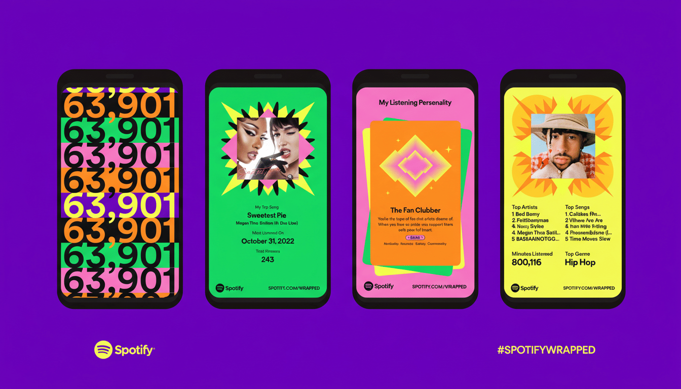 A 16:9 aspect ratio image of four mobile phones displaying Spotify Wrapped summaries, with a professional flat design background.