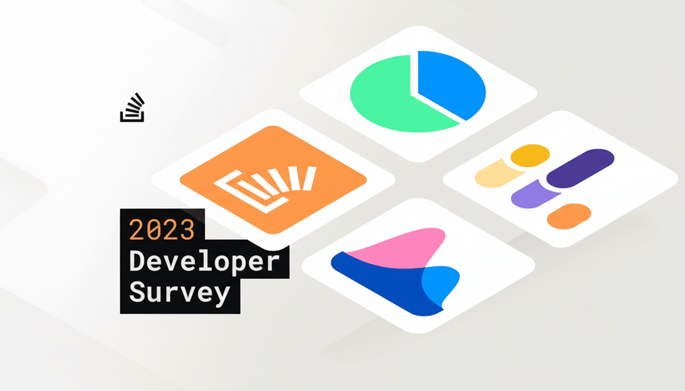 A 16:9 aspect ratio image featuring the text 2023 Developer Survey in a black box, with various app icons and a pie chart on a professional flat design background with soft patterns.