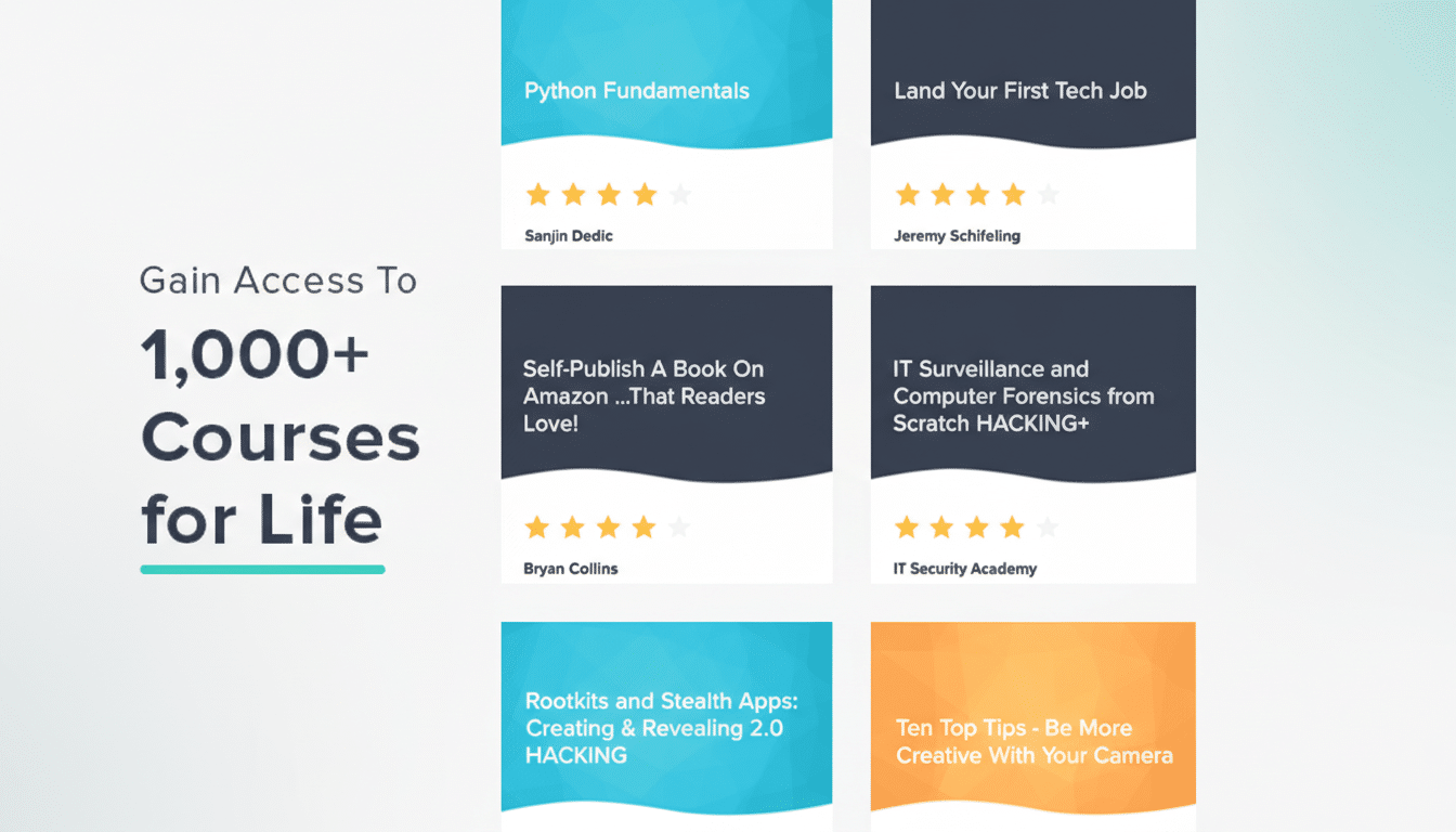 A promotional image for 1,000+ Courses for Life showing six course cards with titles like Python Fundamentals and Land Your First Tech Job, each with a star rating and instructor name.