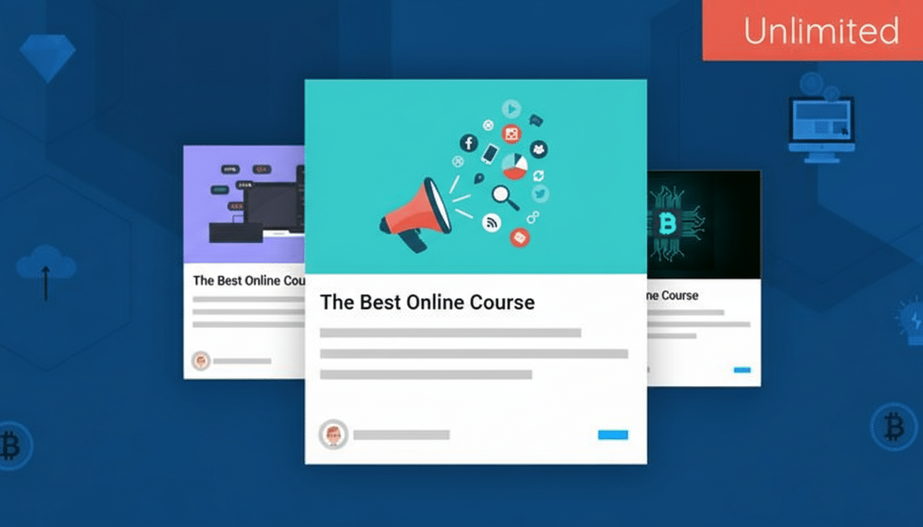 A 16:9 aspect ratio image featuring three online course cards on a blue background with various digital icons. The central card, titled The Best Online Course, displays a megaphone with social media and technology icons emanating from it.