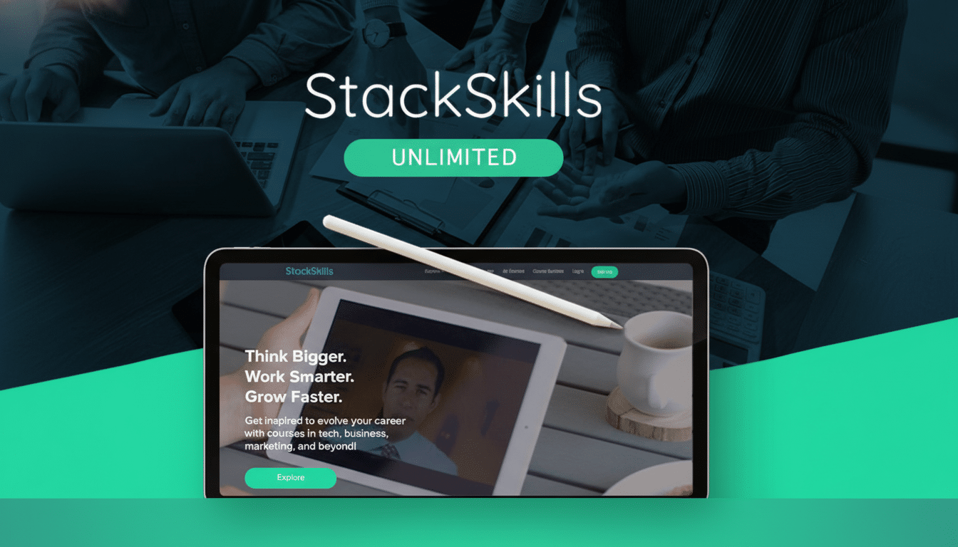 A professional image featuring the StackSkills Unlimited logo and a tablet displaying the StackSkills website, resized to a 16:9 aspect ratio.