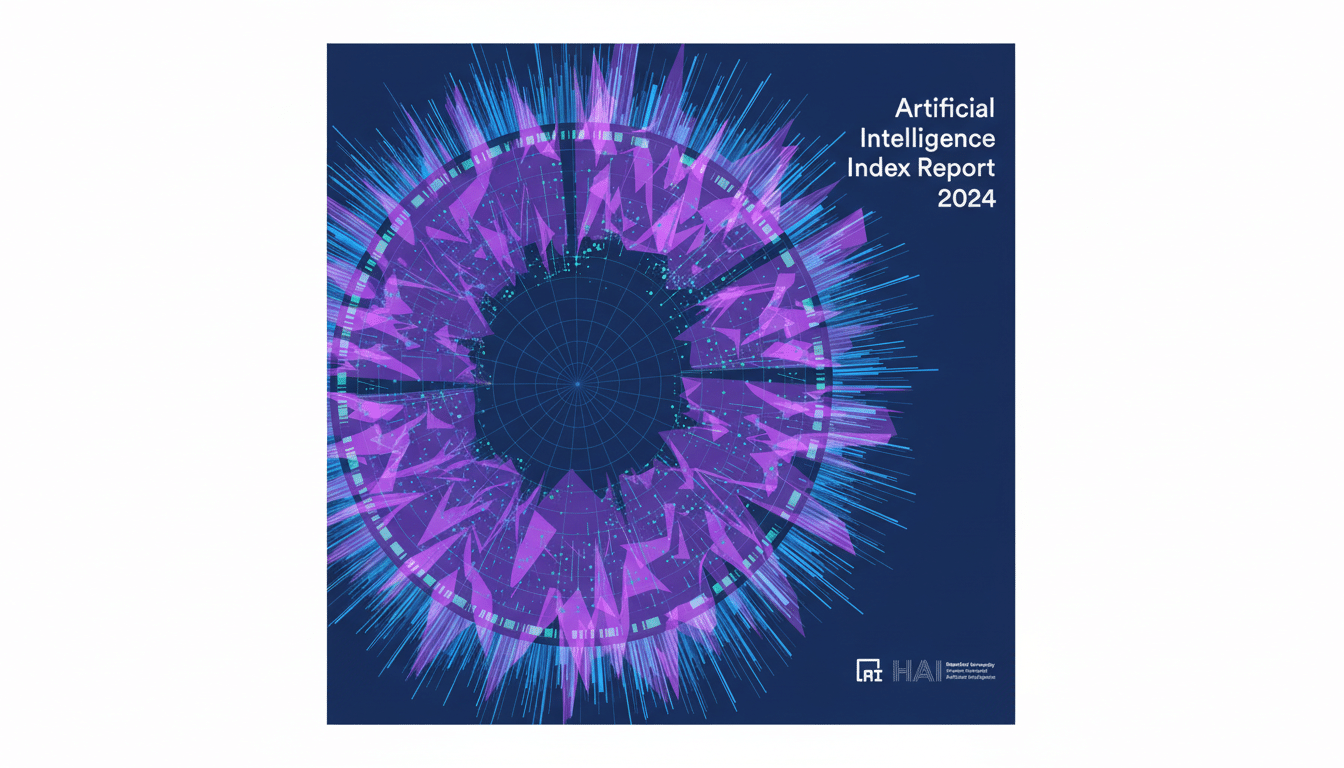 The cover of the Artificial Intelligence Index Report 2024 by Stanford University, featuring a dark blue background with a central abstract circular design in purple and blue, resembling a data visualization or neural network.