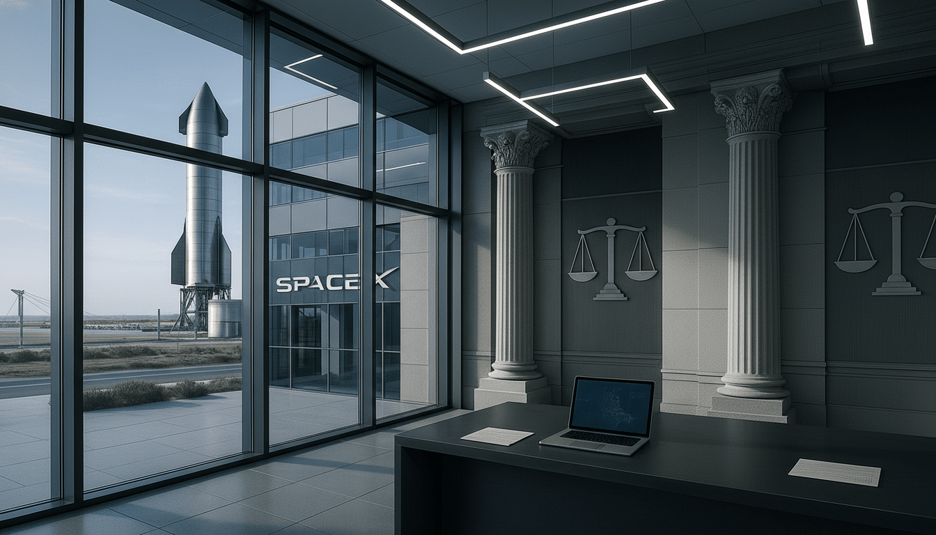 A professional office interior with a large window looking out onto a SpaceX facility with a rocket, resized to a 16:9 aspect ratio.