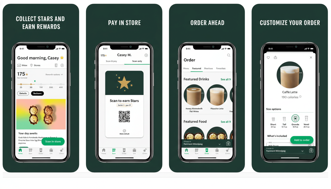 Four mobile phone screens displaying different sections of a coffee shops reward and ordering app.