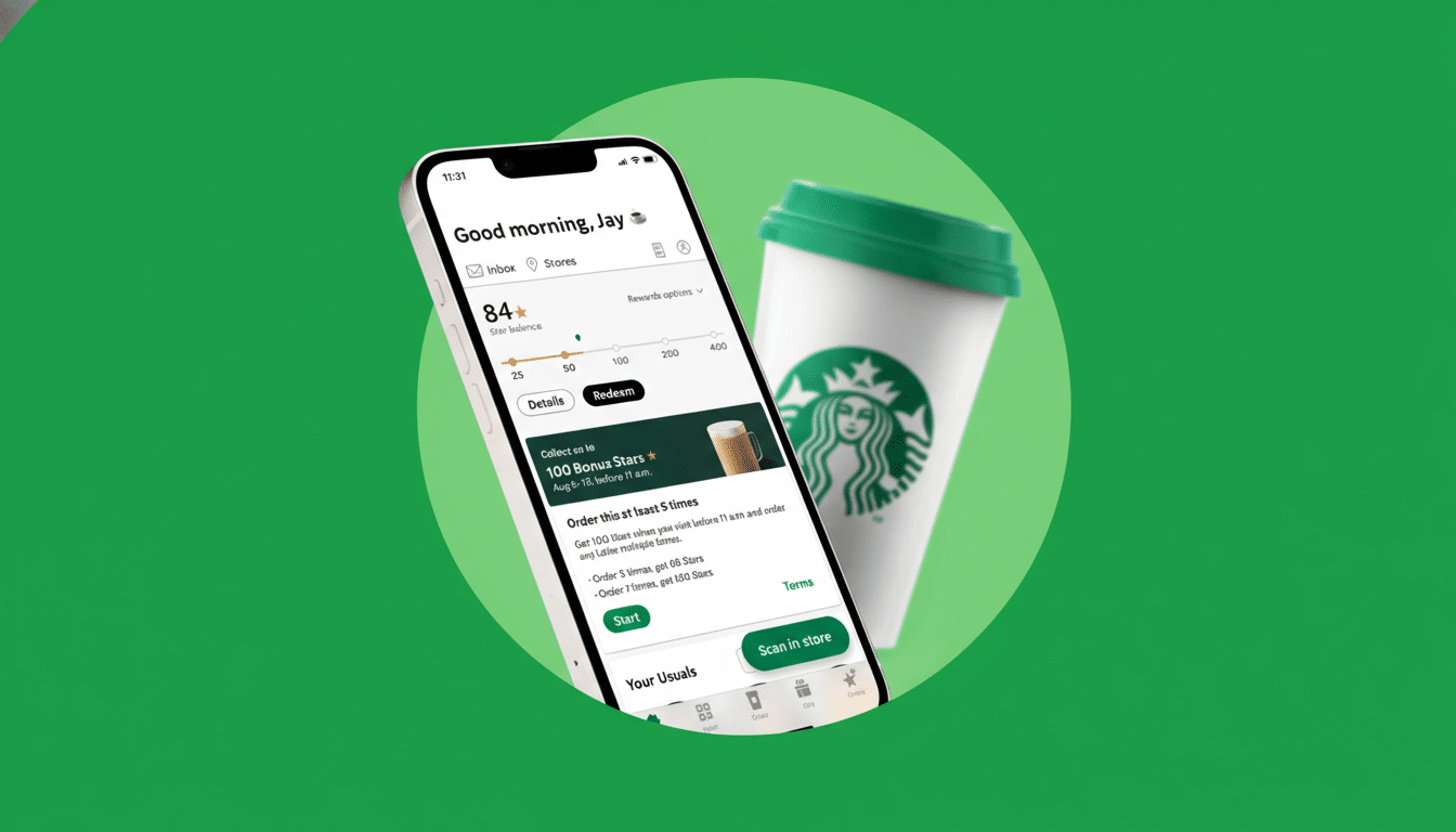 A smartphone displaying the Starbucks app with a Starbucks cup in the background, set against a green and dark green gradient background.