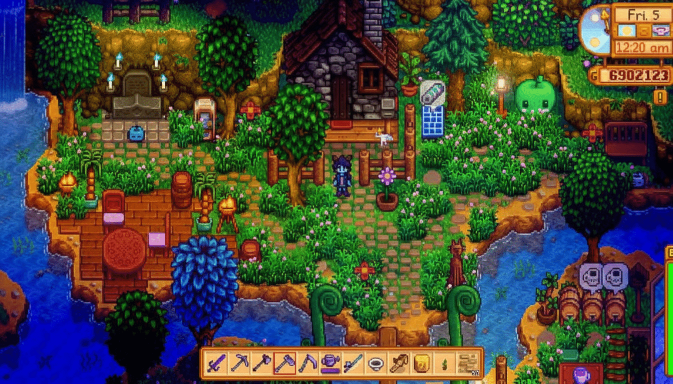 A vibrant, top-down pixel art scene from Stardew Valley, showing a player character standing in front of a rustic stone house surrounded by lush green trees, flowering bushes, and a flowing river. The scene is set at night, with glowing lights illuminating the path and various decorative elements.