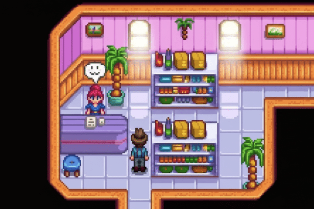 A pixel art image from Stardew Valley showing a player character interacting with a shopkeeper in a store, resized to a 16:9 aspect ratio.