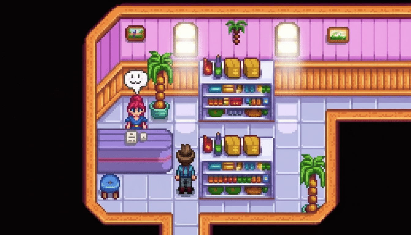 A pixel art image from Stardew Valley showing a player character interacting with a shopkeeper in a store, resized to a 16:9 aspect ratio.