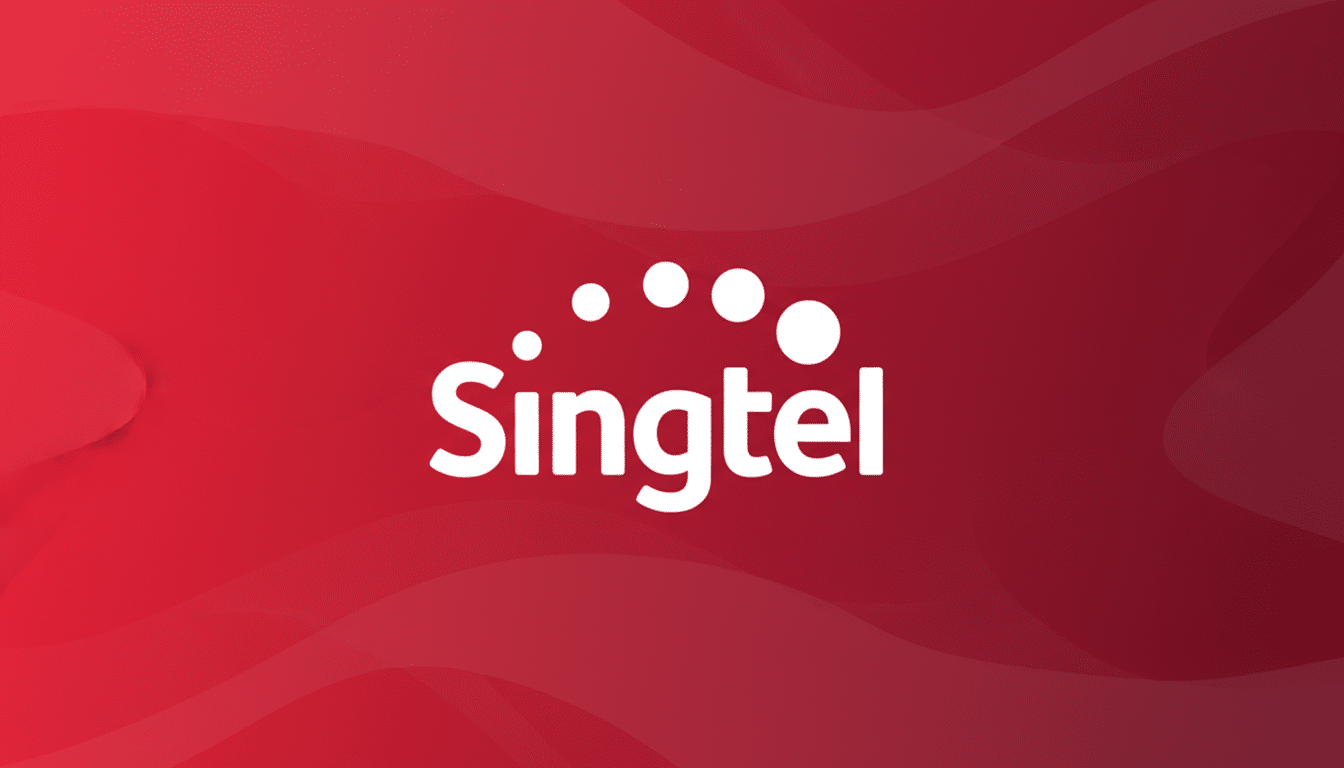 The Singtel logo, featuring white text and five white dots arranged in an arc above it, centered on a red background with subtle, flowing darker red patterns.