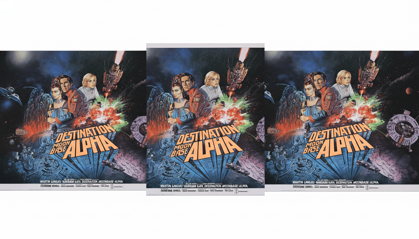 A professionally enhanced movie poster for Destination Moonbase Alpha with a 16:9 aspect ratio, featuring three main characters in space with explosions and futuristic elements.