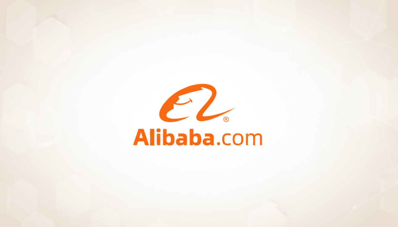 The Alibaba.com logo, featuring an orange stylized a with a smiling face incorporated into the design, and the text Alibaba.com in orange below it, set against a professional white background with subtle, light gray geometric patterns.