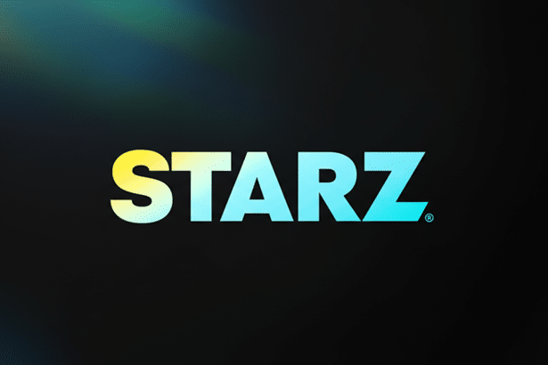 The Starz logo, featuring the word STARZ in a gradient of yellow, light blue, and dark blue, centered on a dark background with subtle, soft light effects in the upper left.