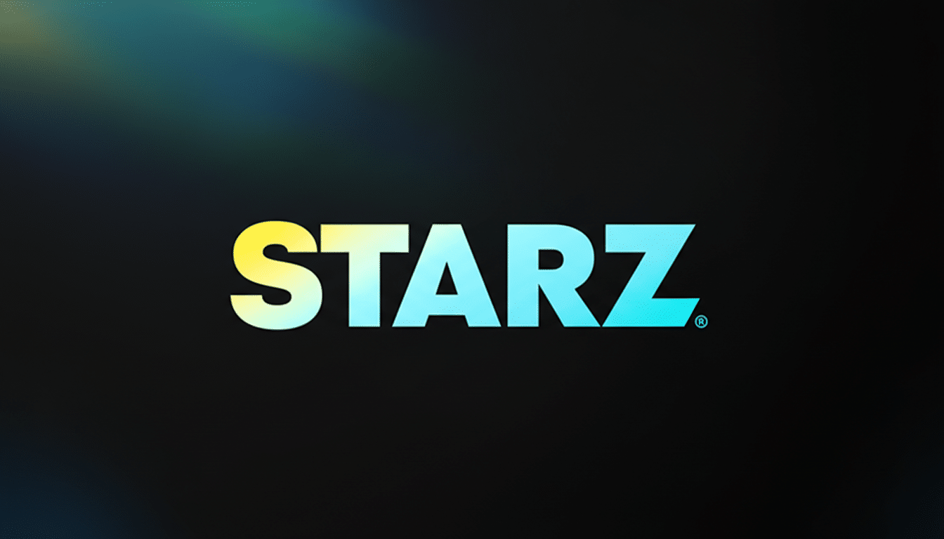 The Starz logo, featuring the word STARZ in a gradient of yellow, light blue, and dark blue, centered on a dark background with subtle, soft light effects in the upper left.