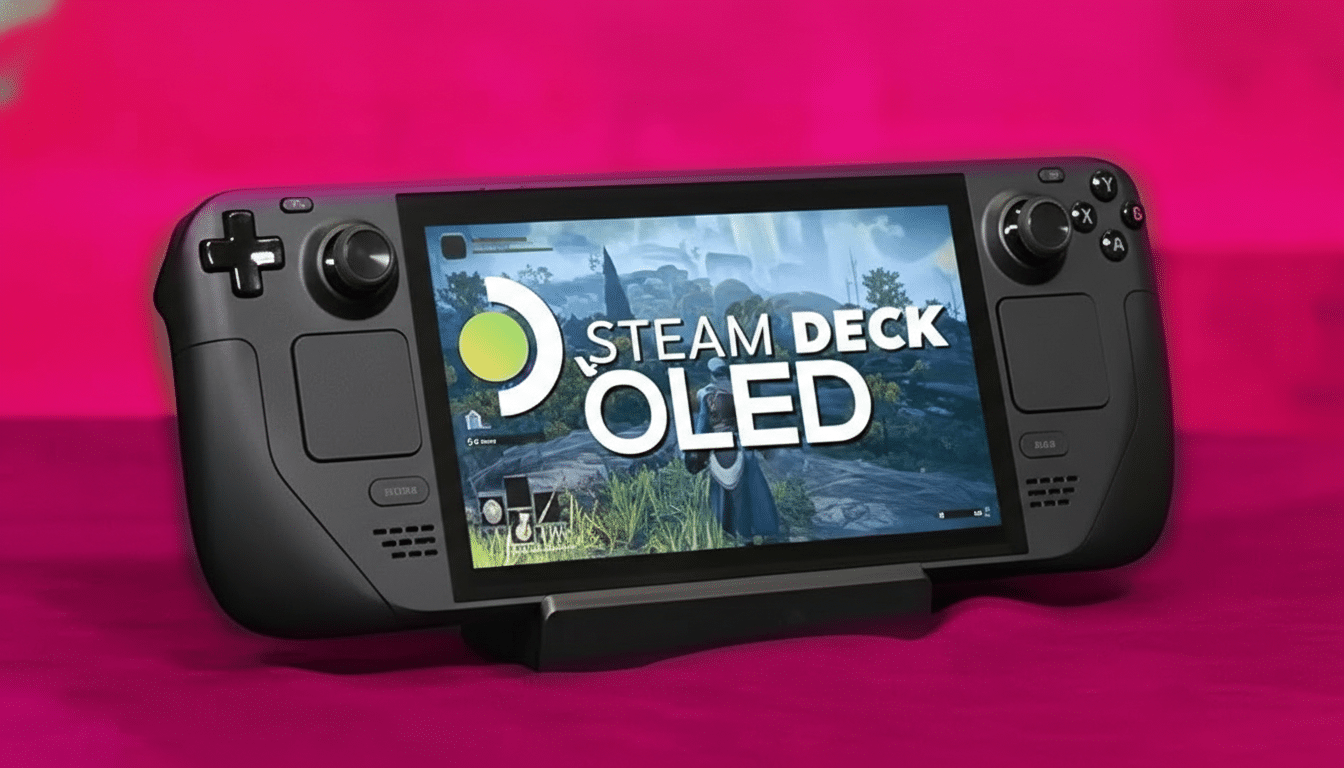 A Steam Deck OLED handheld gaming console displayed on a stand with a vibrant pink background.