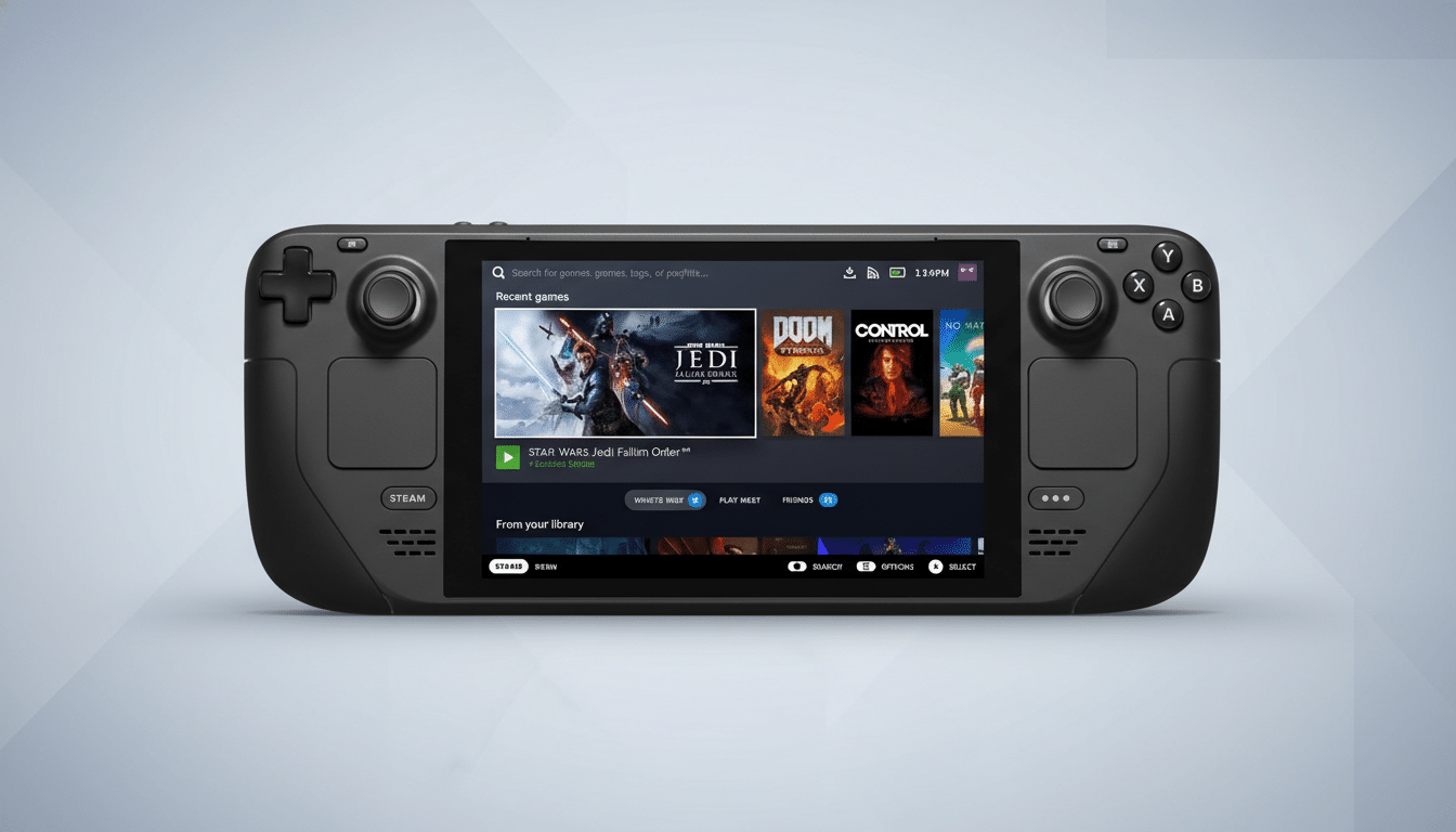 A Steam Deck handheld gaming console is presented against a professional flat design background with soft gradients. The consoles screen displays a gaming interface with various game titles.