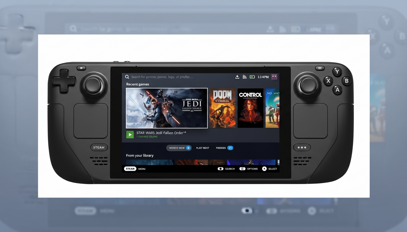 A Steam Deck handheld gaming console displayed on a professional flat design background with soft patterns and gradients.