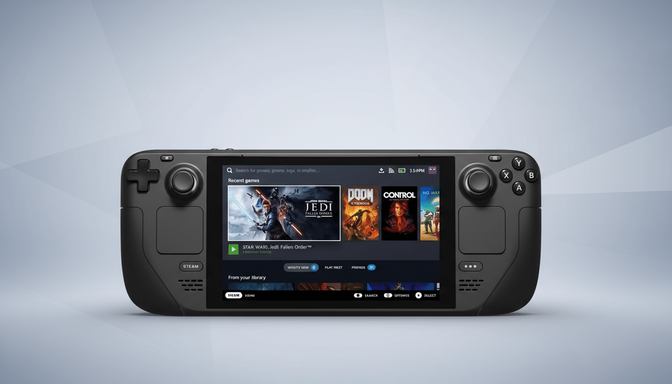 A Steam Deck handheld gaming console displayed against a professional flat design background with soft gradients.