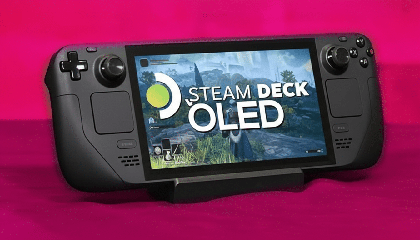 A Steam Deck OLED handheld gaming console is displayed on a stand against a vibrant magenta background.
