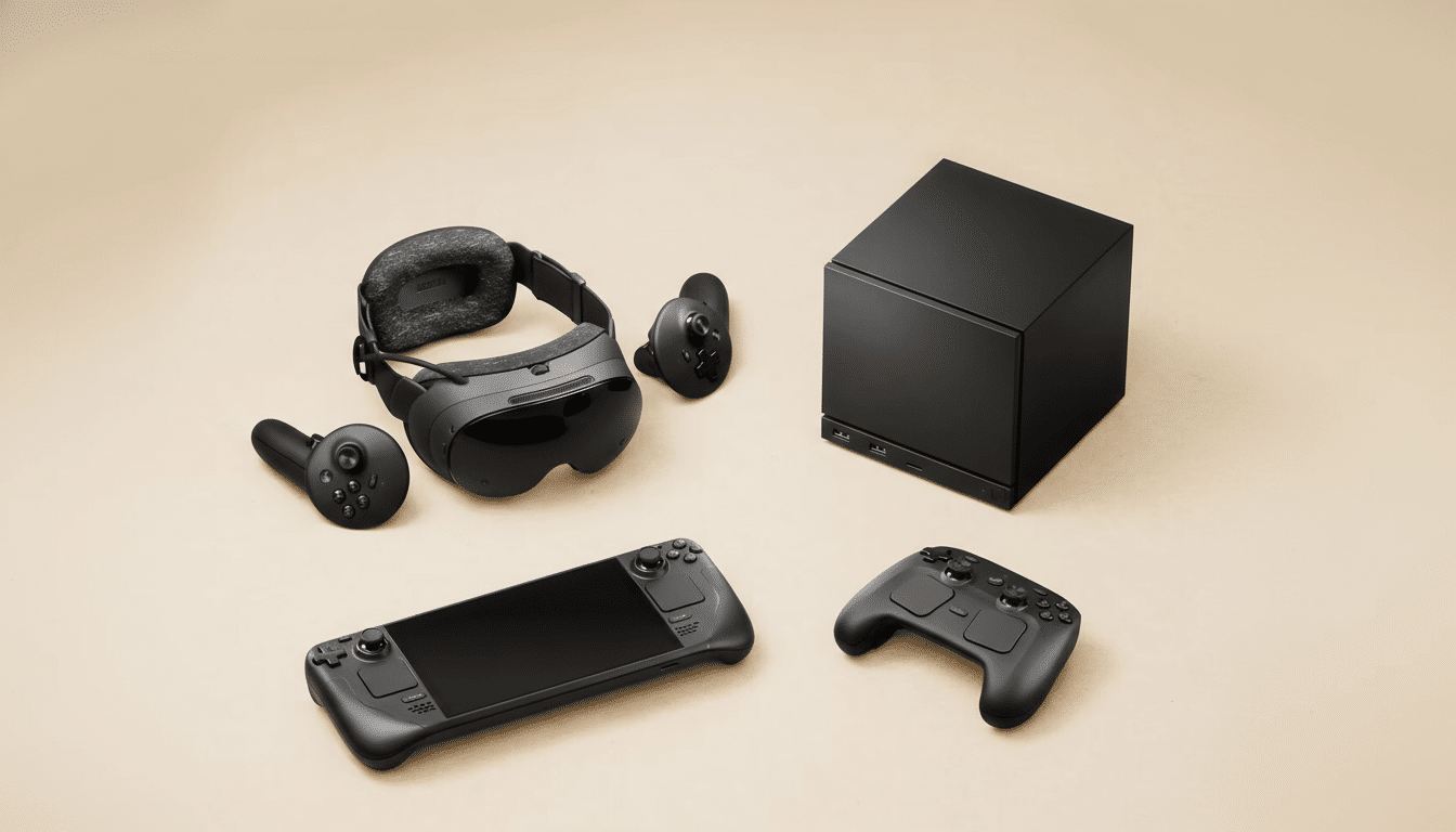 A collection of black gaming devices, including a VR headset, controllers, a handheld gaming PC, and a console, arranged on a light beige background.